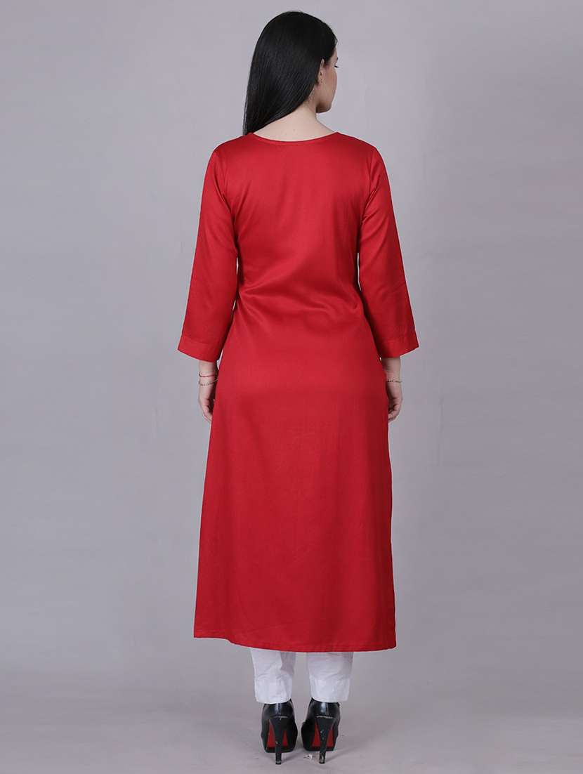 women solid with work three quarter sleeve straight kurta - 22292701 -  Standard Image - 3