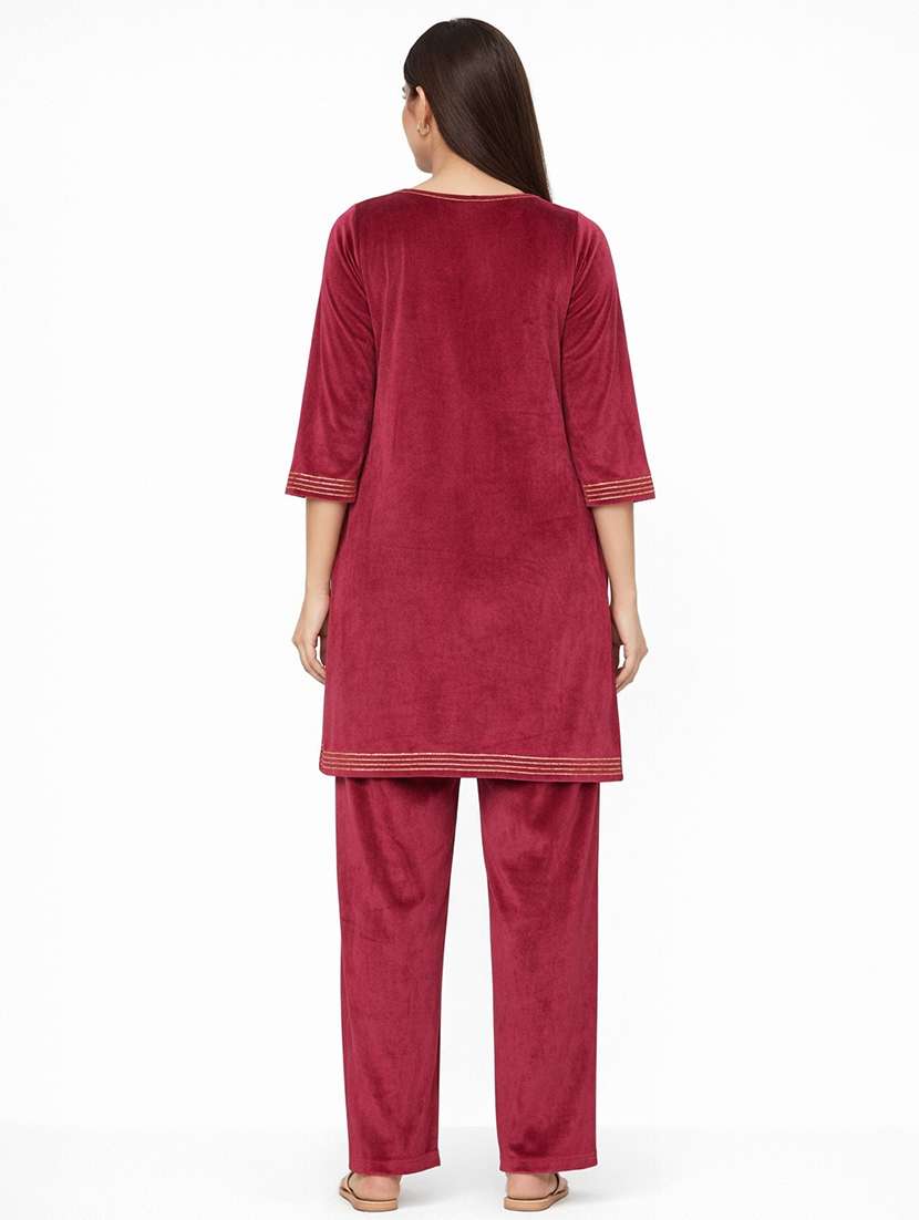 women solid three quarter sleeve velet co-ord set - 22292995 -  Standard Image - 3