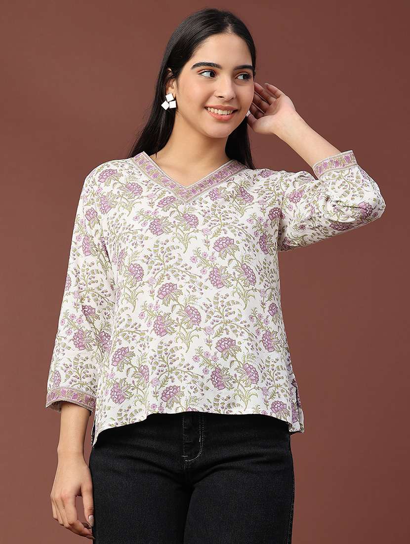 women floral printed three quarter sleeve straight kurti - 22293229 -  Standard Image - 3