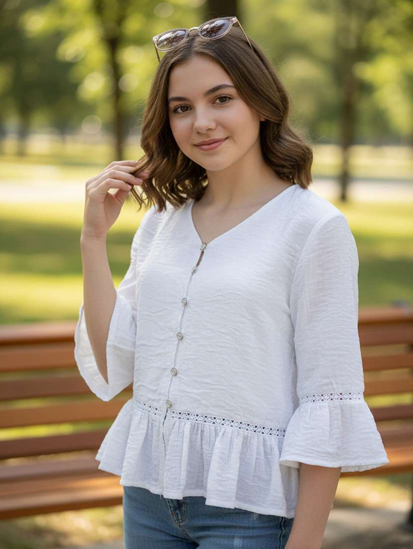 girls self designed bell sleeve tiered top