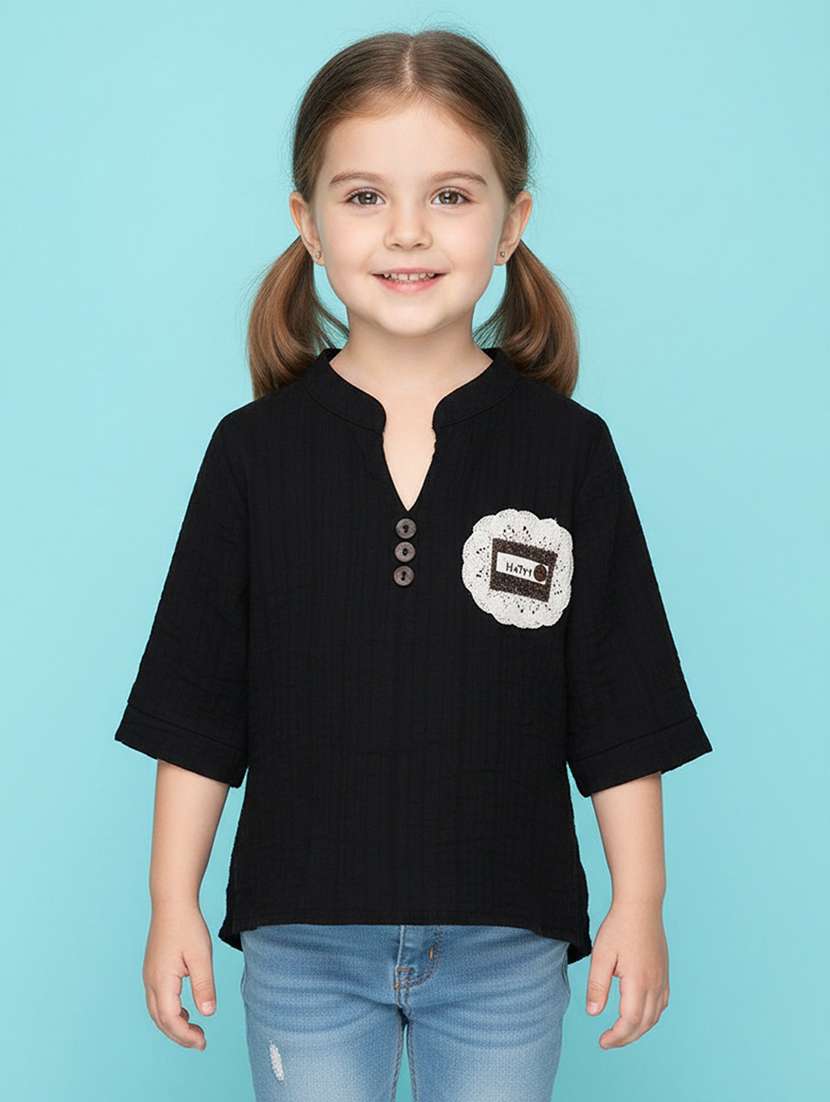 girls solid mandarin neck three quarter sleeve top