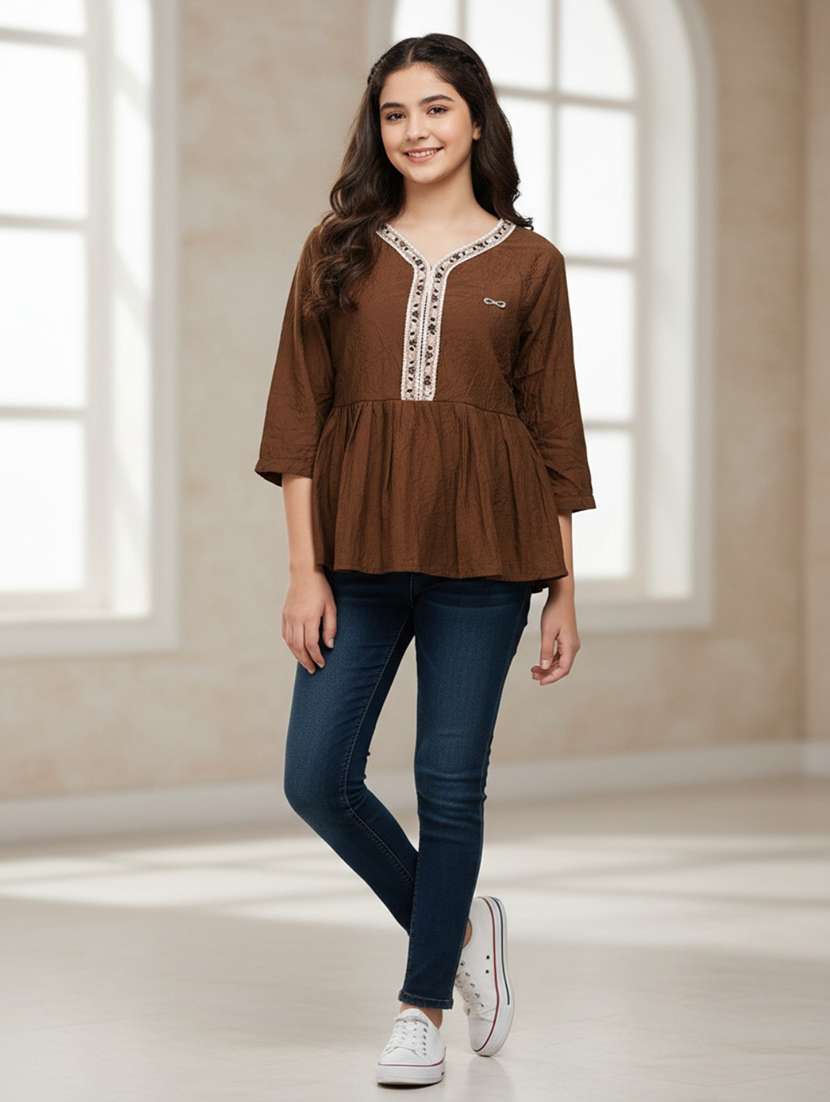 girls solid three quarter sleeve top