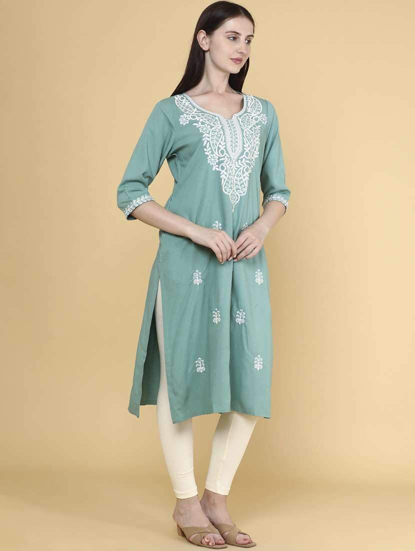 women solid with work straight kurta - 22293362 -  Standard Image - 3