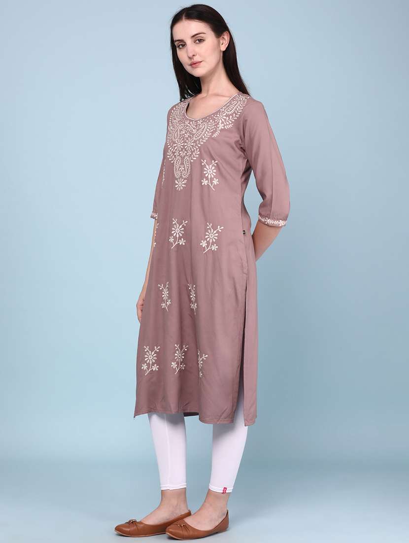 women embroidered three quarter sleeves straight kurta - 22293364 -  Standard Image - 3
