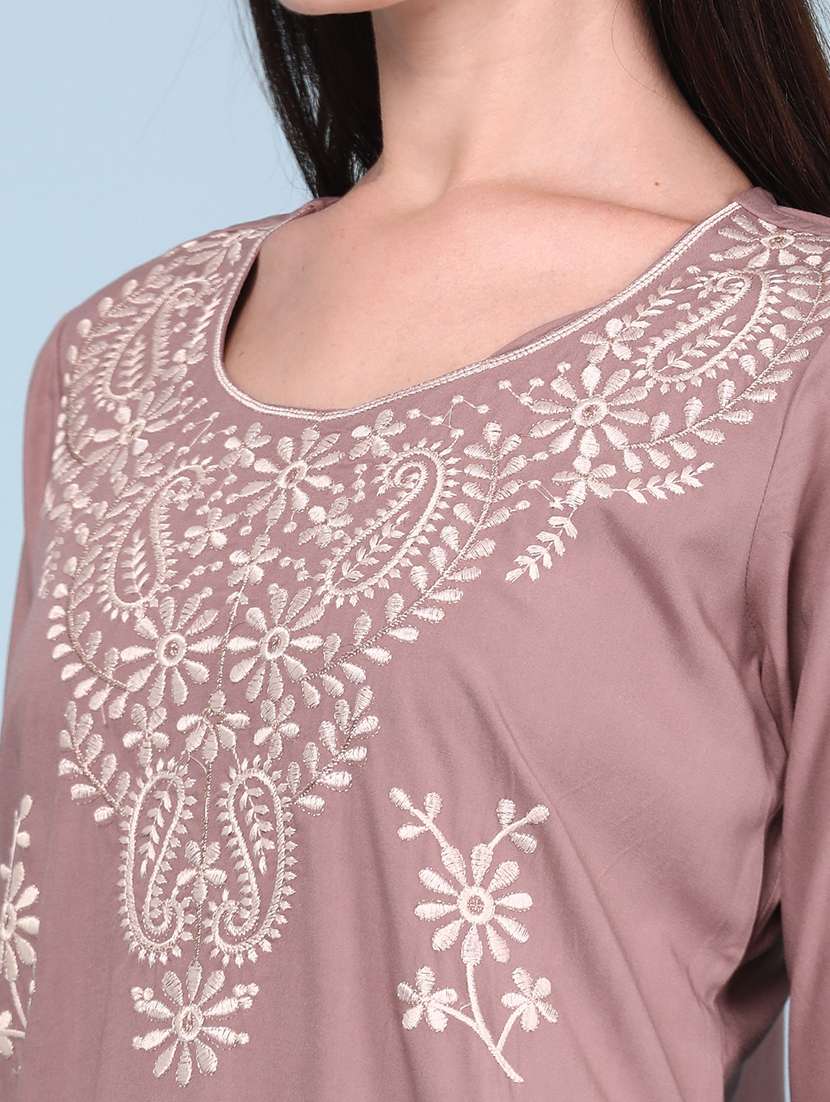 women embroidered three quarter sleeves straight kurta - 22293364 -  Standard Image - 5