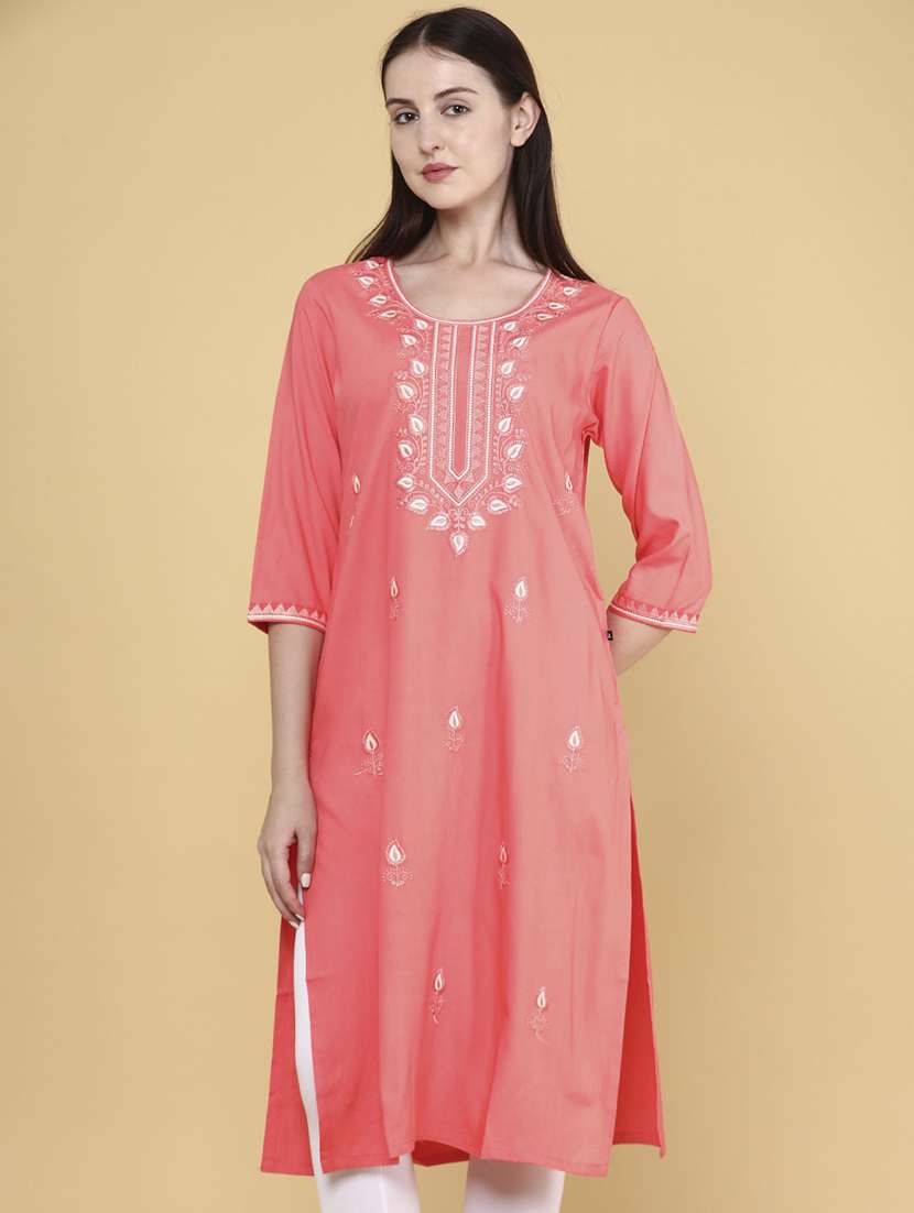 women solid with work straight kurta
