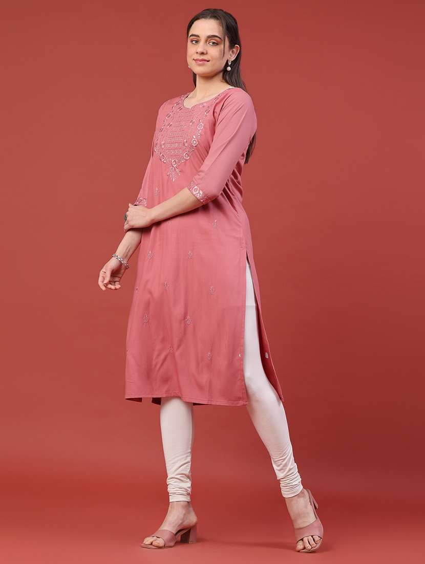women embroidered three quarter sleeves straight kurta - 22293368 -  Standard Image - 3