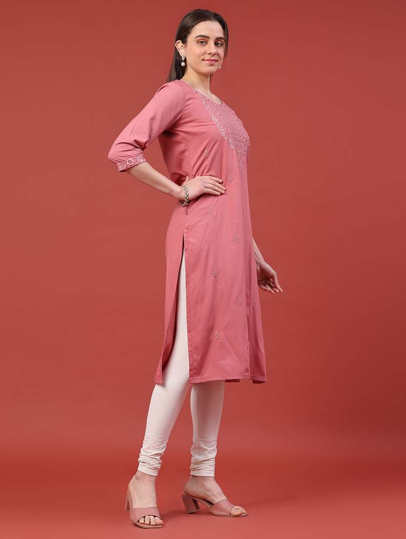 women embroidered three quarter sleeves straight kurta - 22293368 -  Standard Image - 5