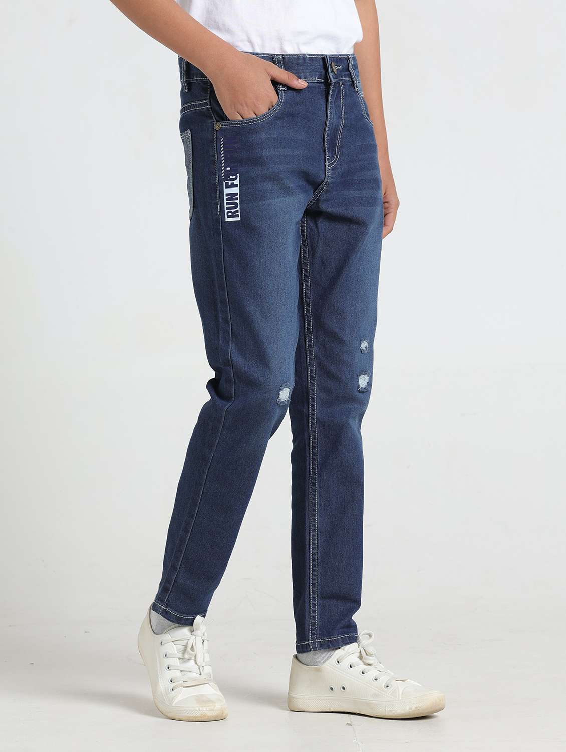 blue denim distressed jean