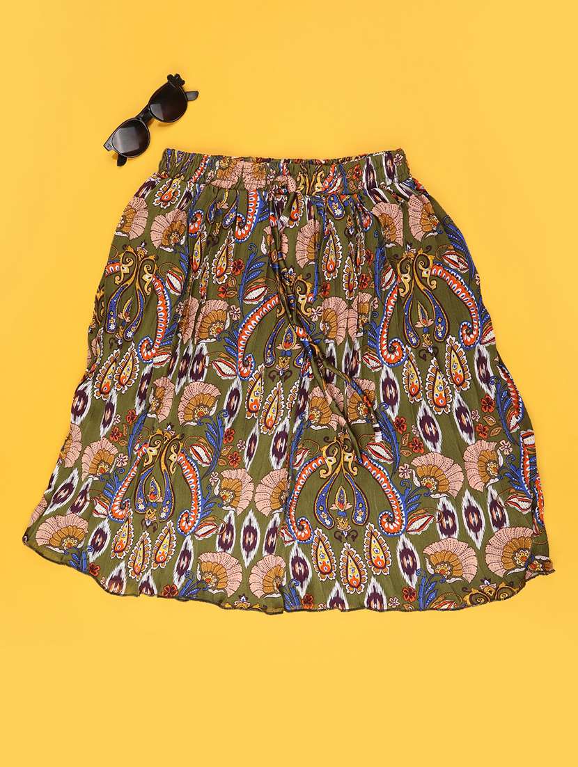 green satin flared skirt