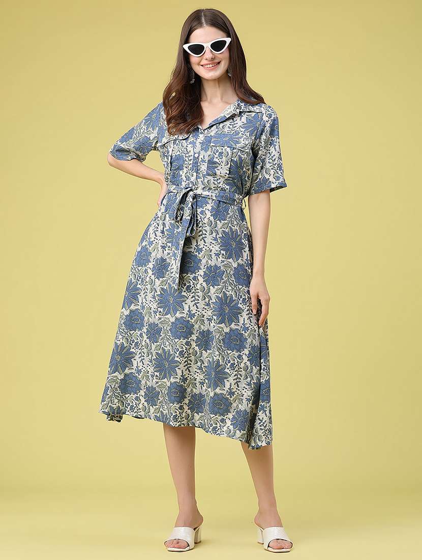 women printed short sleeves a-line dress