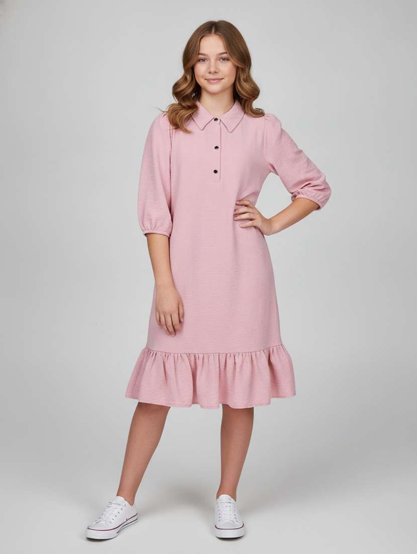 girls solid three quarter sleeves tiered dress