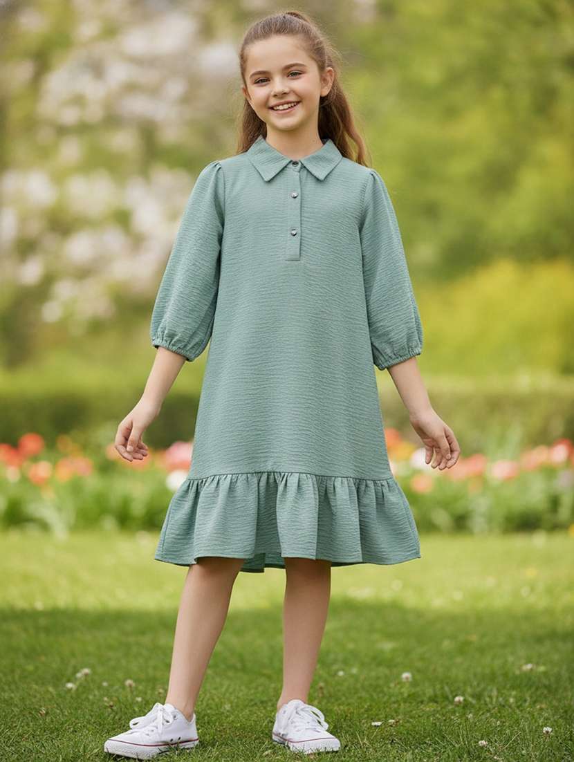 girls solid three quarter sleeves tiered dress