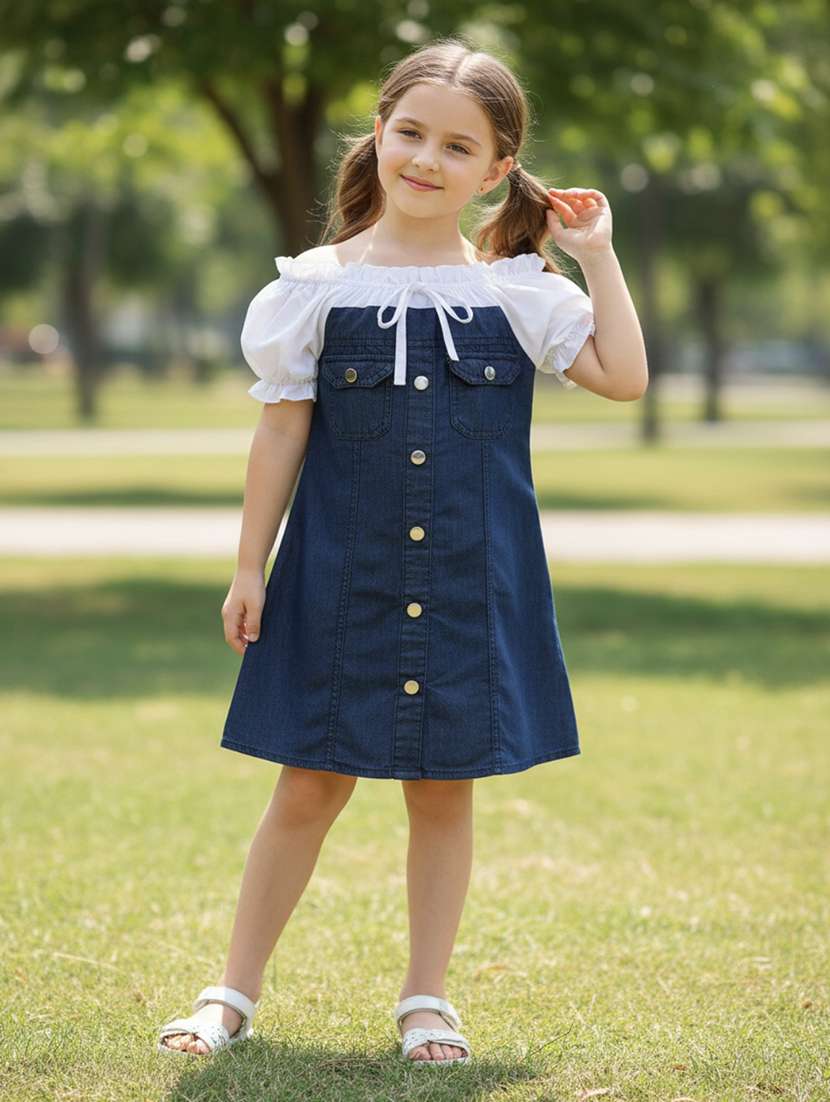 girls solid puff sleeves a-line dress