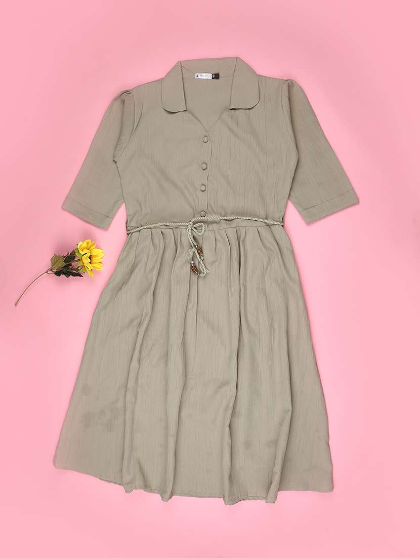 girls solid three quarter sleeve fit & flare dress