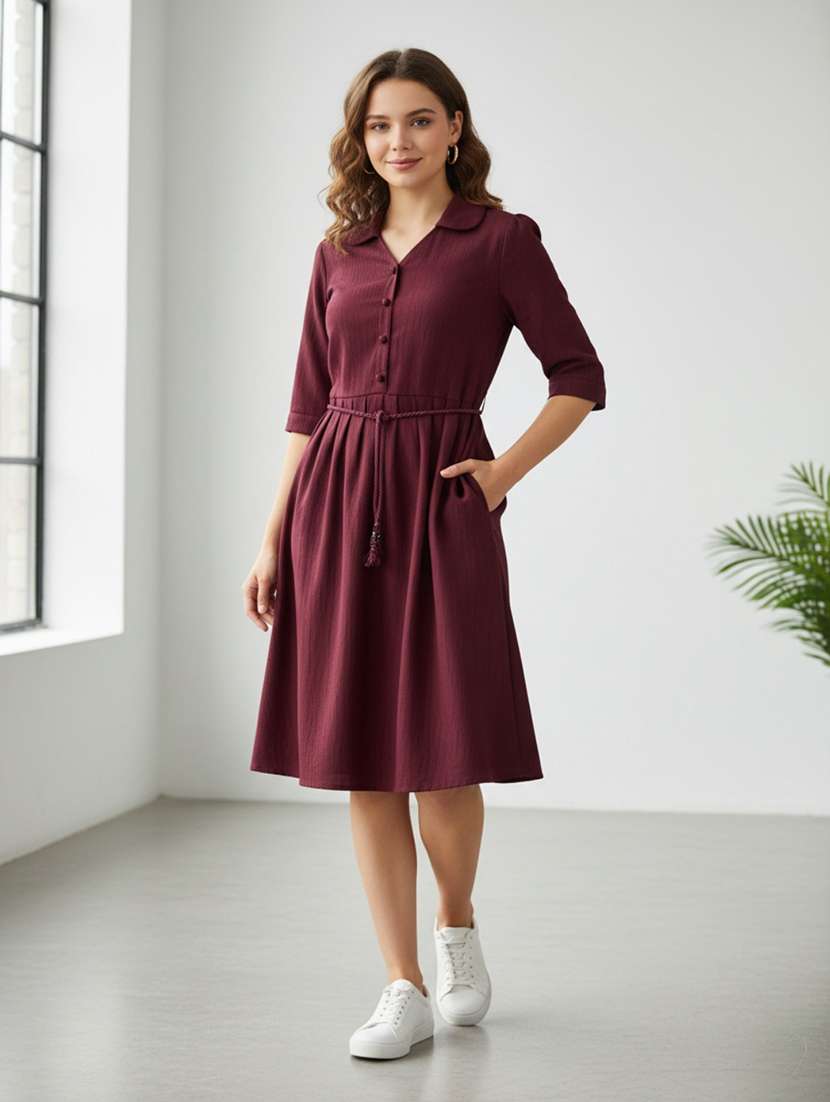 girls solid three quarter sleeve fit & flare dress