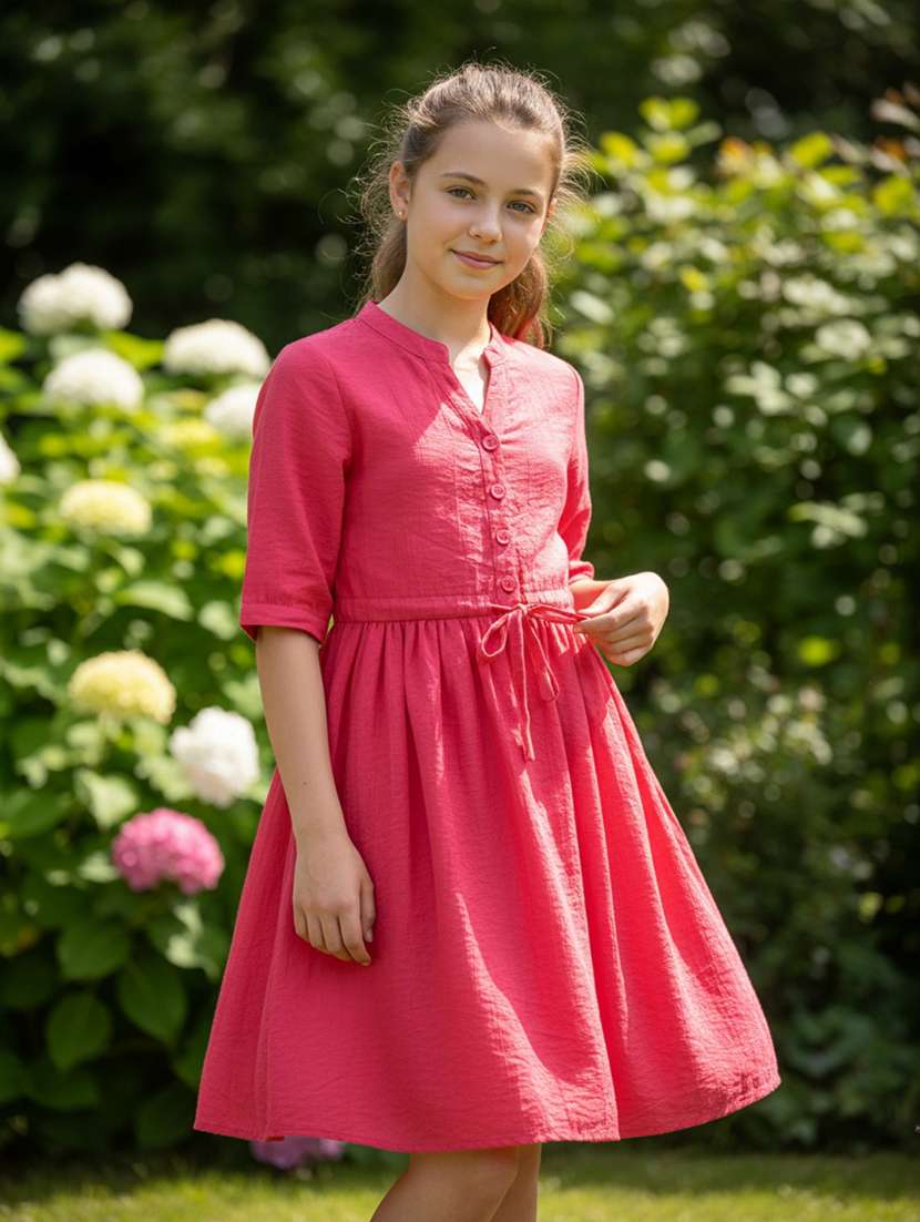 girls solid three quarter sleeve fit & flare dress