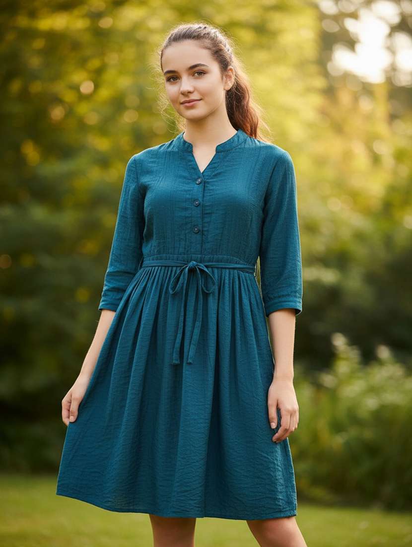 girls solid three quarter sleeve fit & flare dress