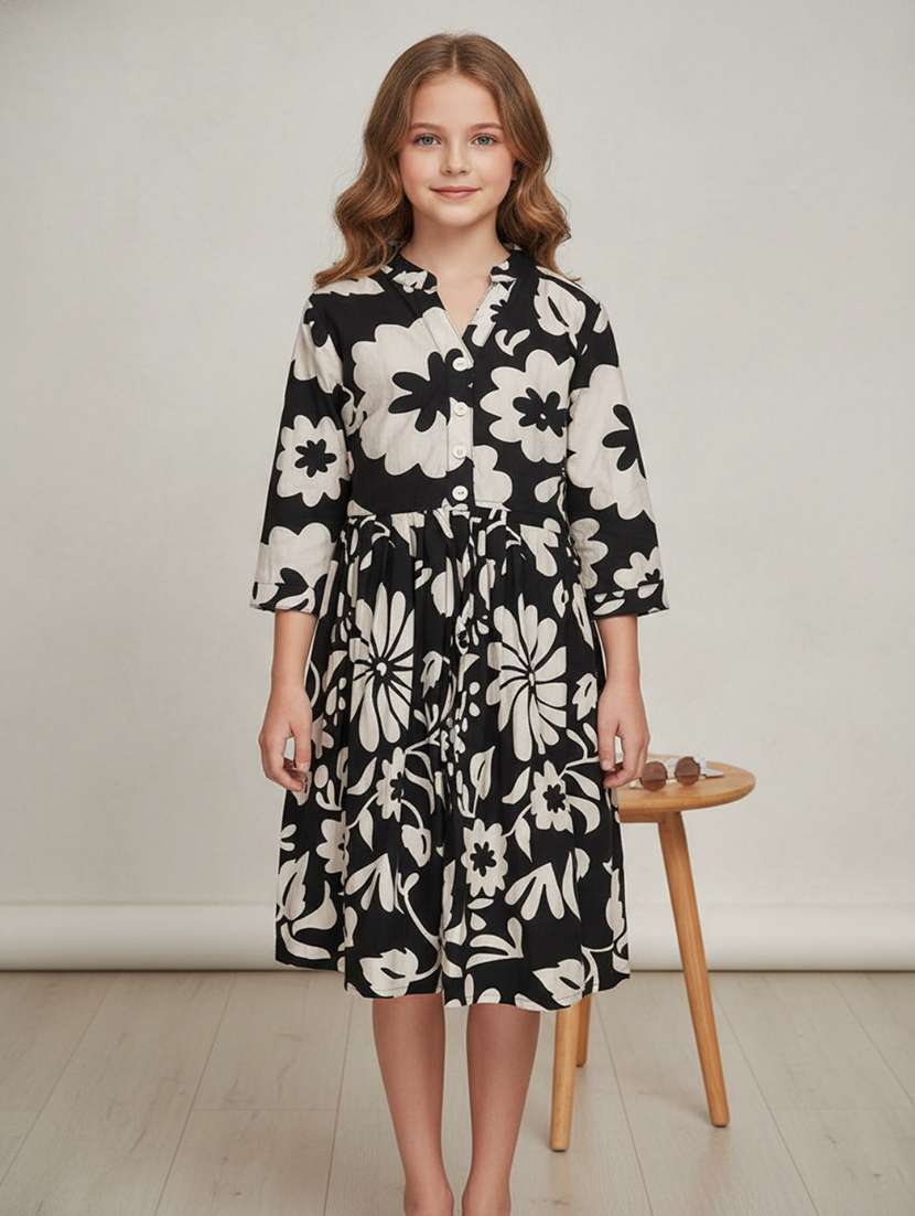 girls floral print three quarter fit & flare dress
