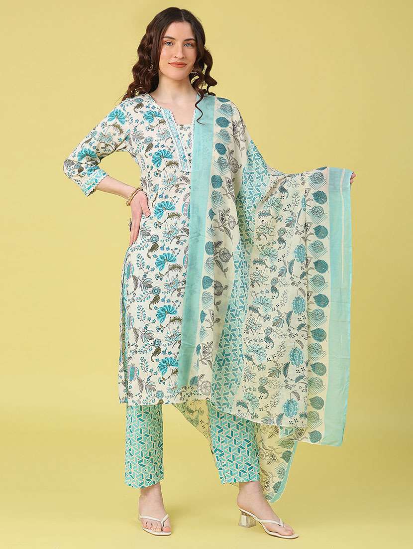 women printed three quarter sleeve kurta pant with dupatta set