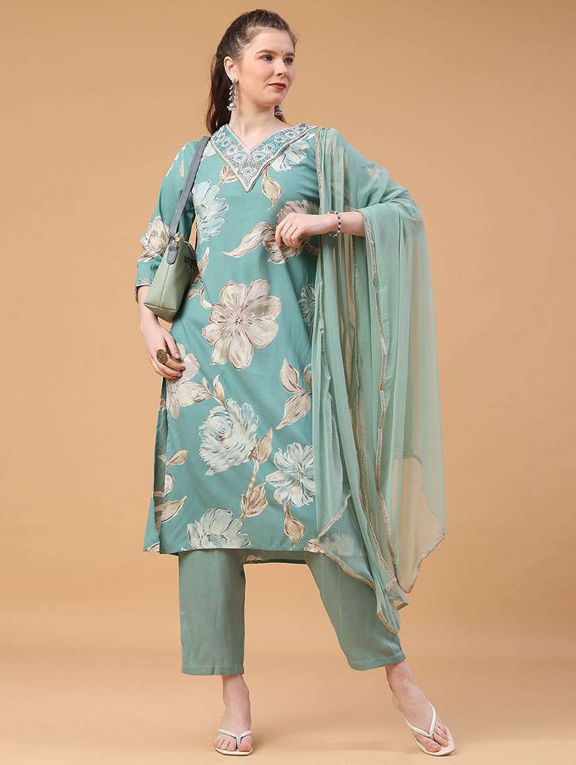 women printed three quarter sleeve kurta pant with dupatta set