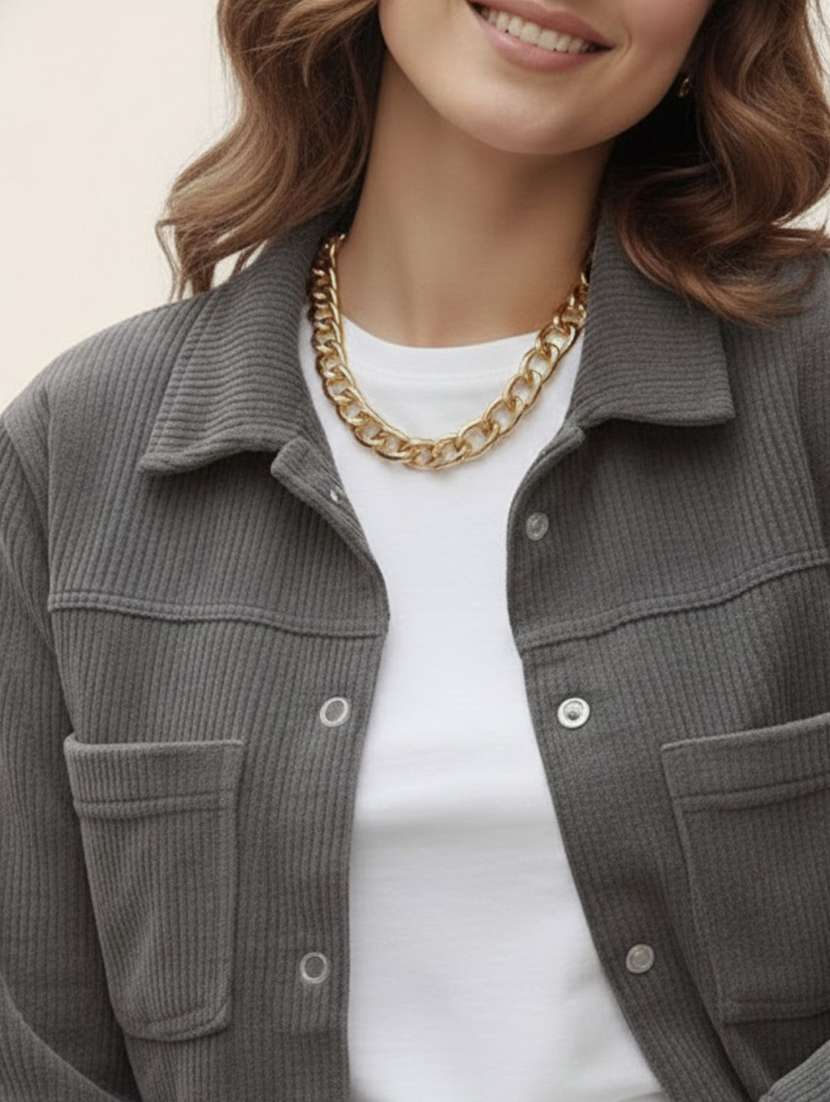 women solid collared long sleeve corduroy jacket - 22294262 -  Standard Image - 3