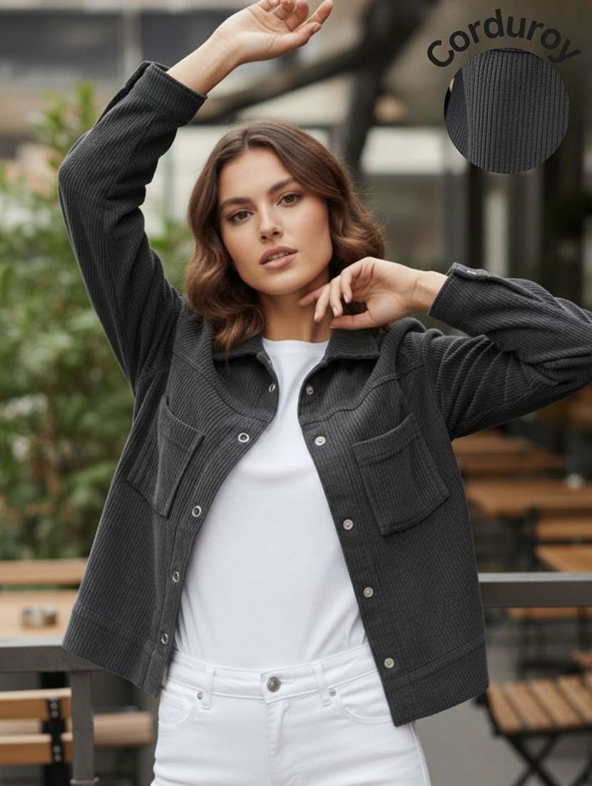 women solid collared long sleeve corduroy jacket