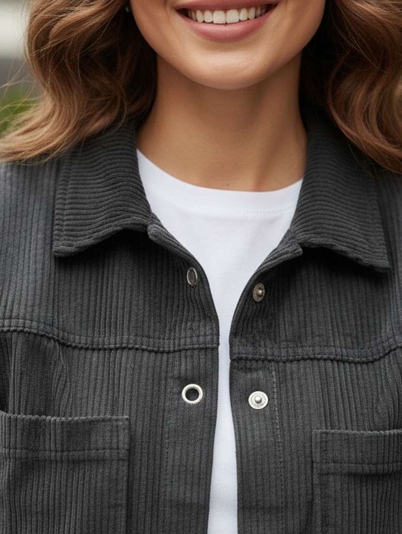 women solid collared long sleeve corduroy jacket - 22294265 -  Standard Image - 3