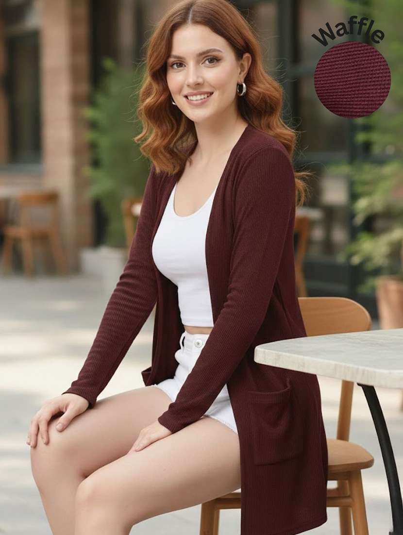 women solid full sleeve long shrug