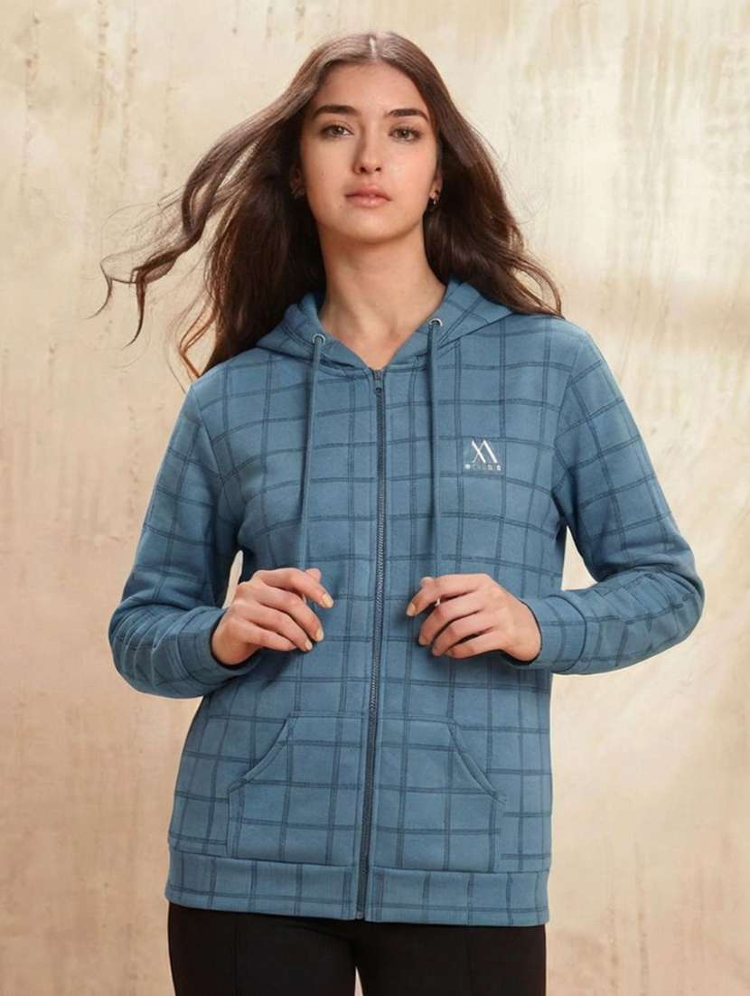 women checkered long sleeve hooded sweatshirt