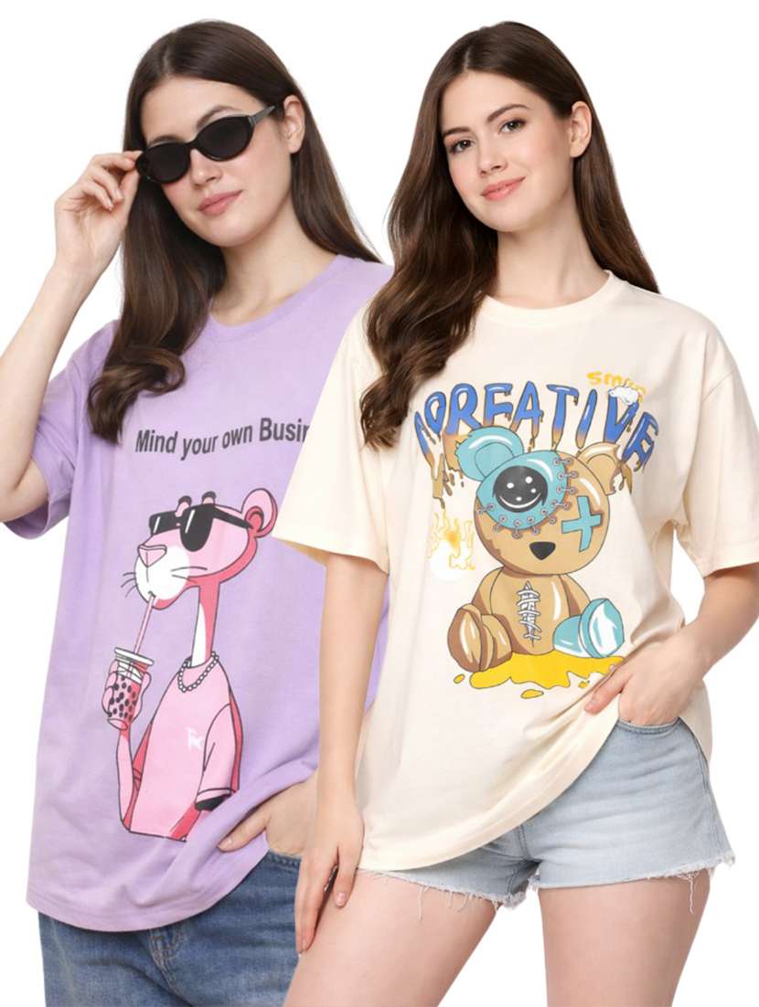 women pack of 2 printed oversized t-shirt