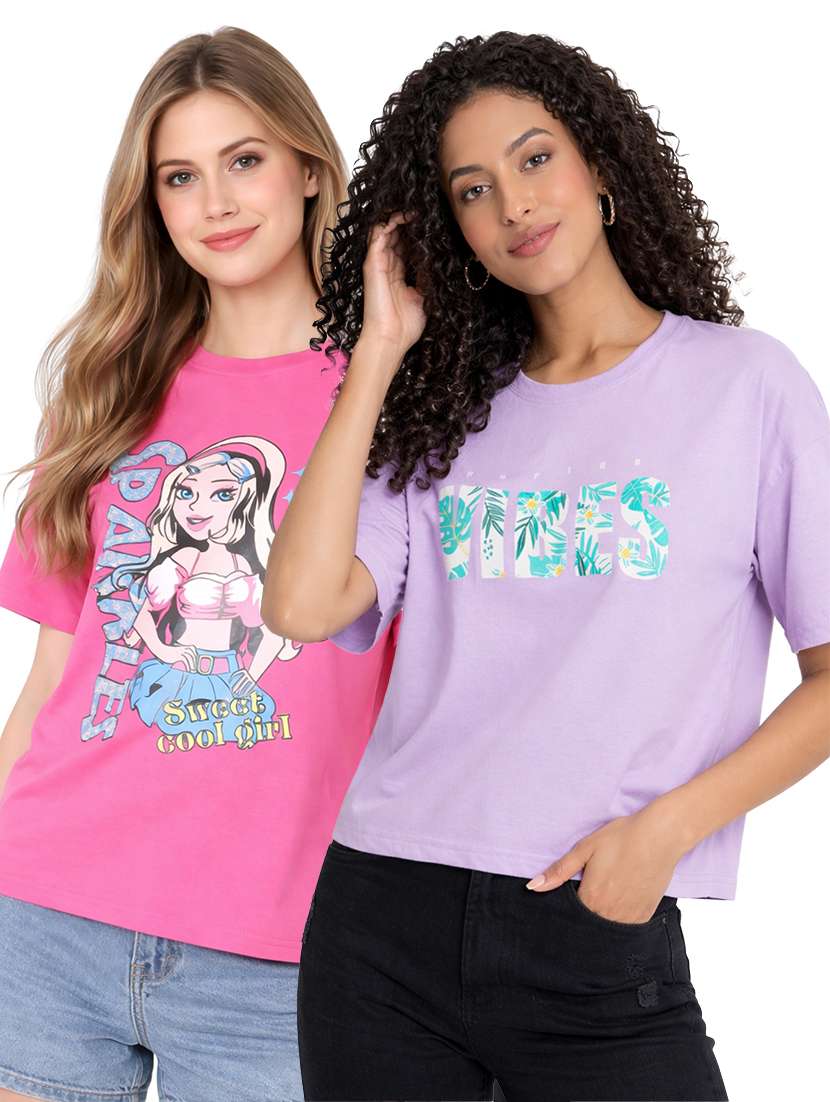 women pack of 2 printed oversized t-shirt