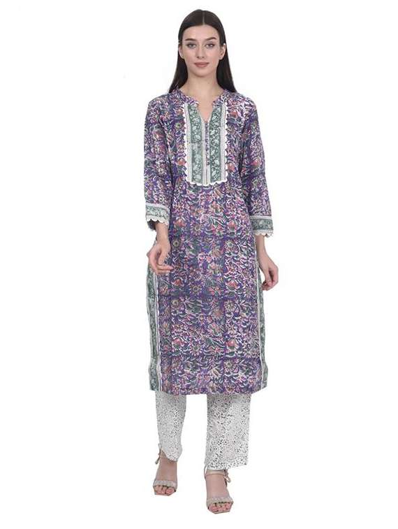 women printed three quarter sleeve straight kurta