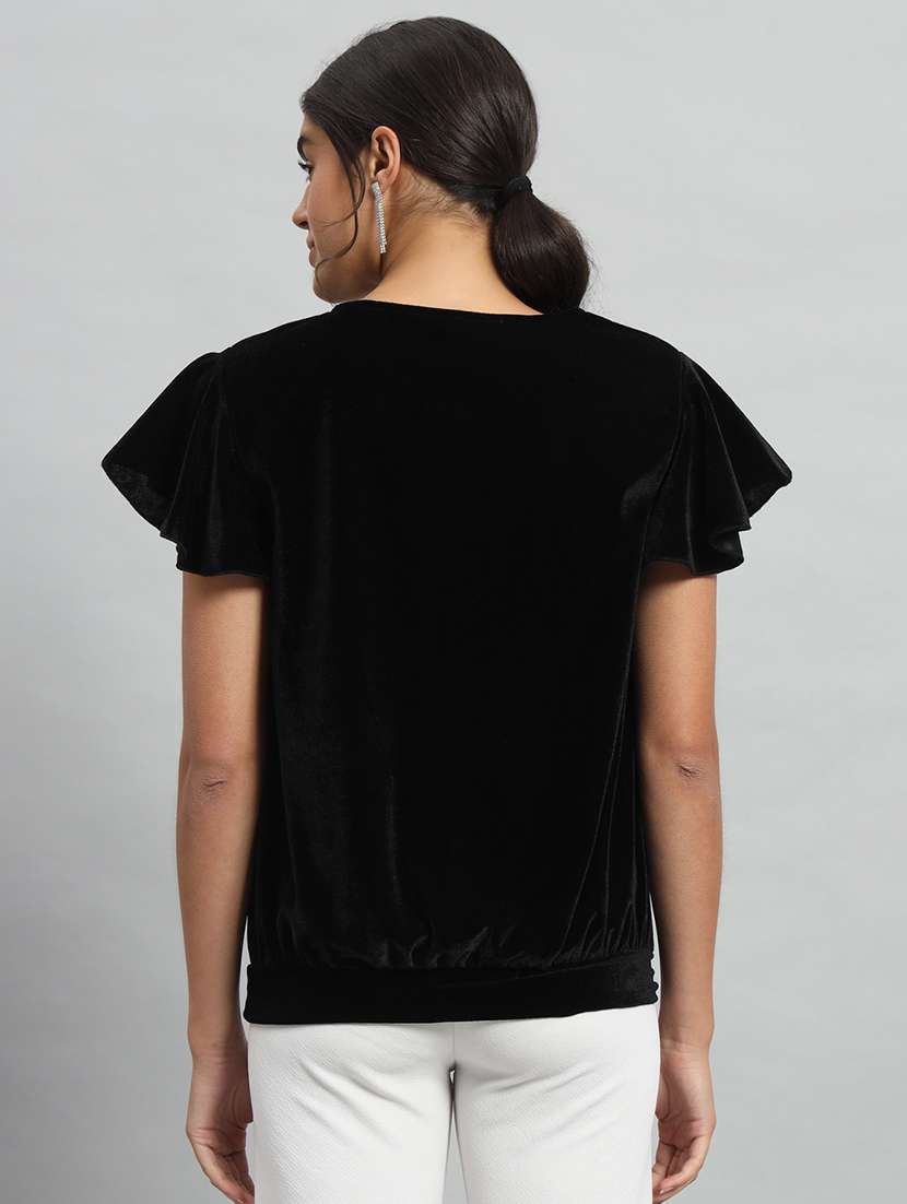 women solid flute sleeve velvet regular top - 22294968 -  Standard Image - 3