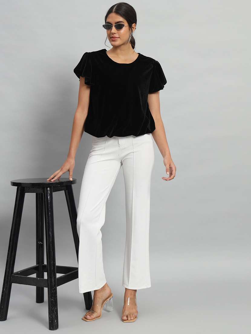 women solid flute sleeve velvet regular top - 22294968 -  Standard Image - 5