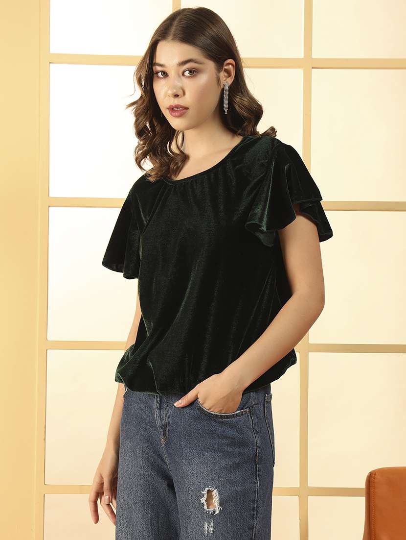women solid flute sleeve velvet regular top - 22294969 -  Standard Image - 3