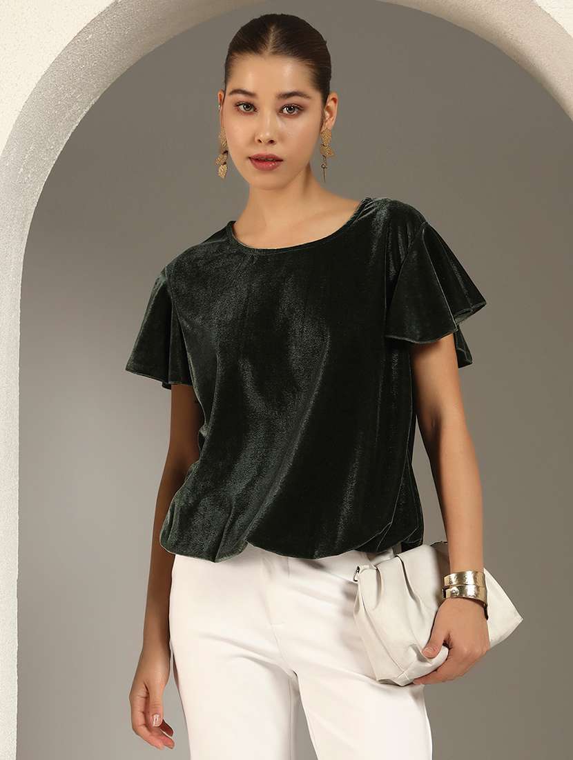 women solid flute sleeve velvet regular top