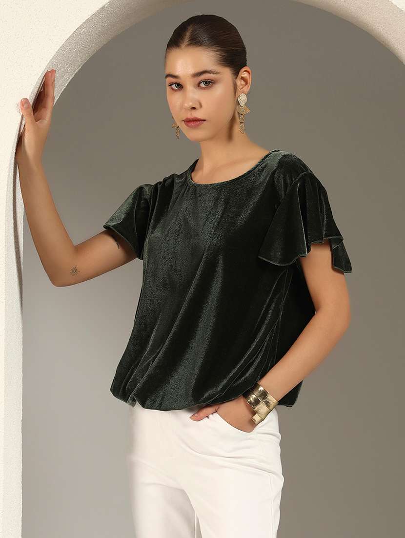 Women Solid Flute Sleeve Velvet Regular Top - 22294970 -  Standard Image - 3