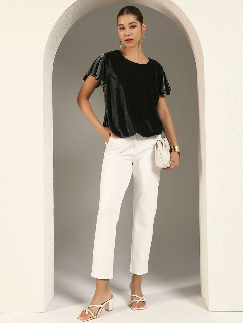 Women Solid Flute Sleeve Velvet Regular Top - 22294970 -  Standard Image - 5