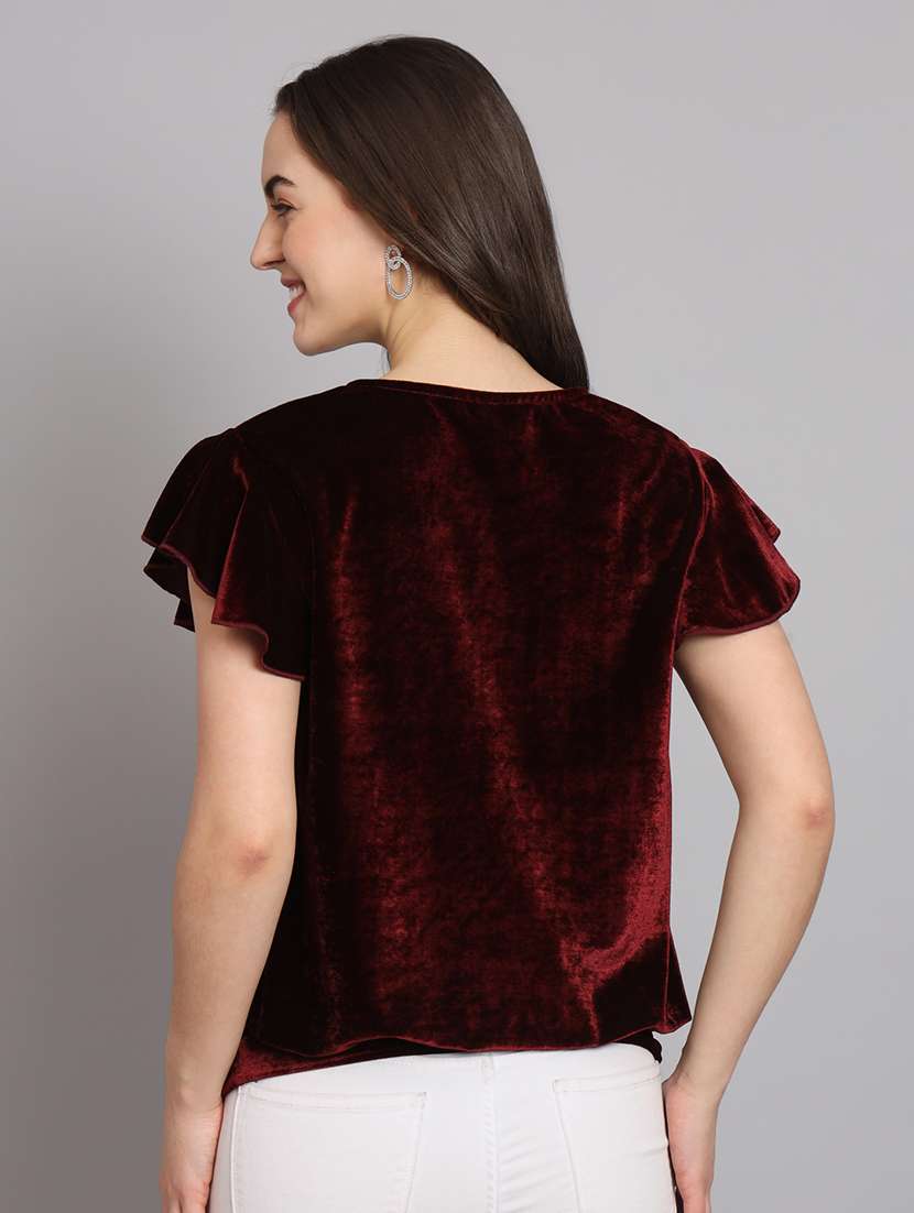women solid flute sleeve velvet regular top - 22294973 -  Standard Image - 3