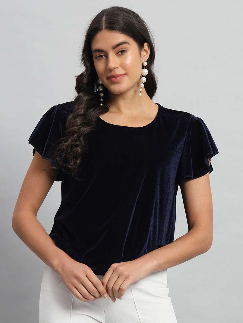 women solid flute sleeve velvet regular top