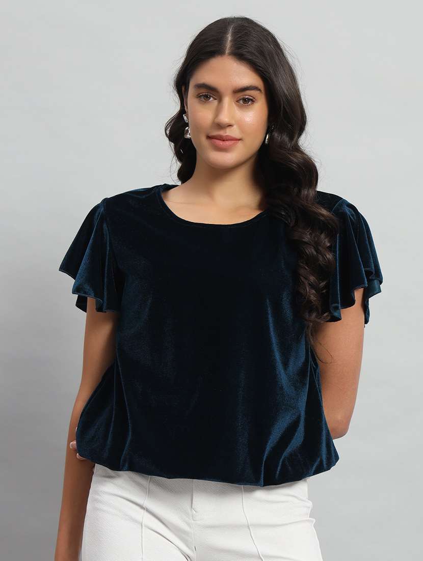women solid flute sleeve velvet regular top
