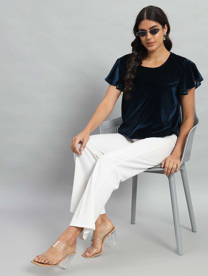 women solid flute sleeve velvet regular top - 22294975 -  Standard Image - 5