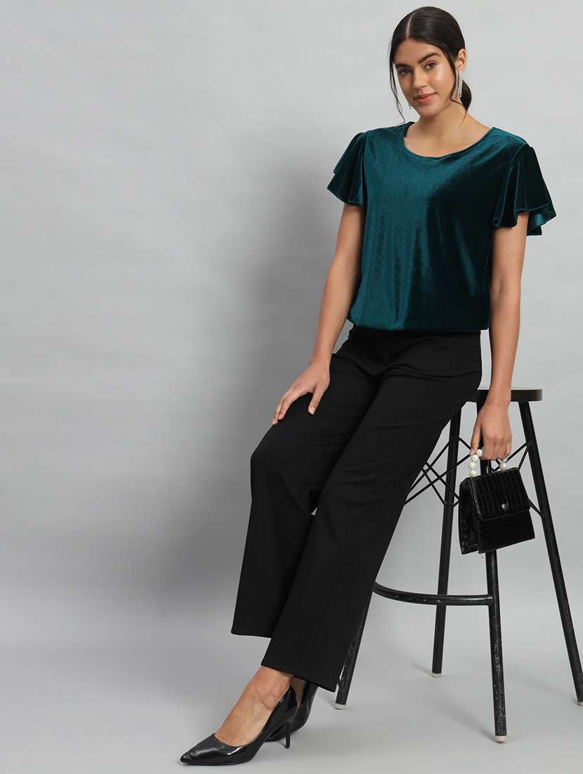 women solid flute sleeve velvet regular top - 22294976 -  Standard Image - 5