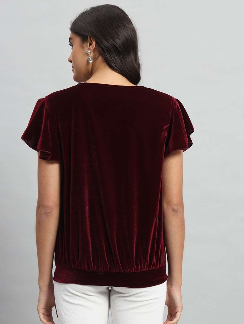 women solid flute sleeve velvet regular top - 22294977 -  Standard Image - 3