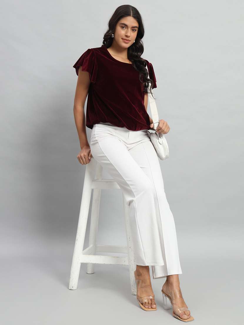 women solid flute sleeve velvet regular top - 22294977 -  Standard Image - 5