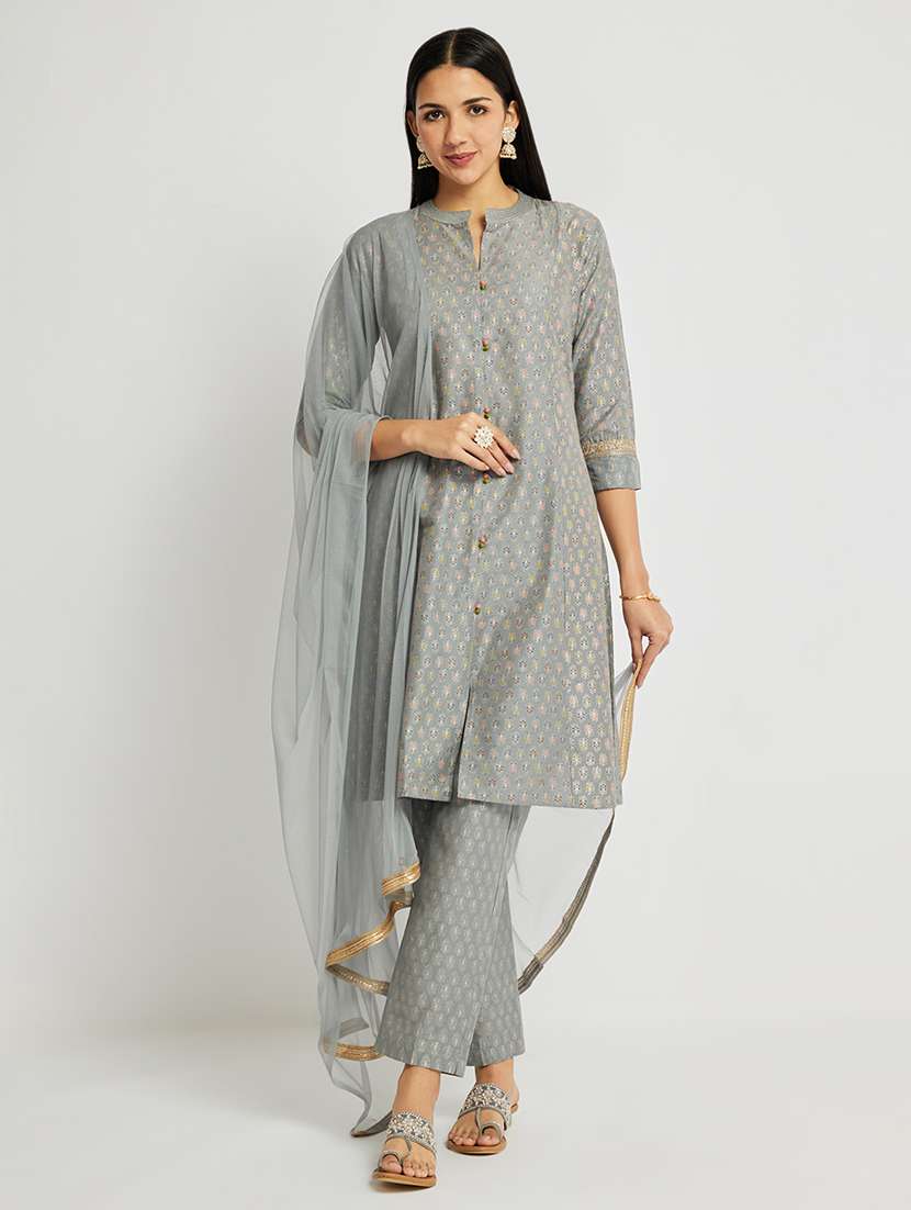 women printed three quarter sleeve kurta pant with dupatta set