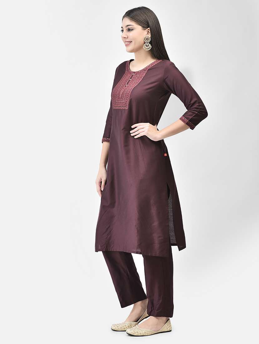 women solid witth work three quarter sleeve kurta pant set - 22295026 -  Standard Image - 5