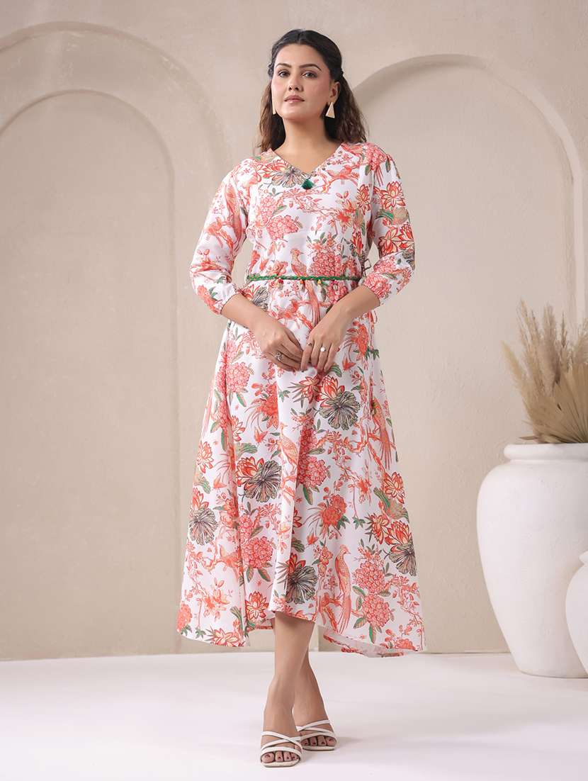 women floral three quarter sleeve a-line ethnic dress