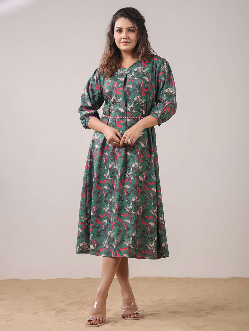 women printed three quarter sleeve a-line ethnic dress